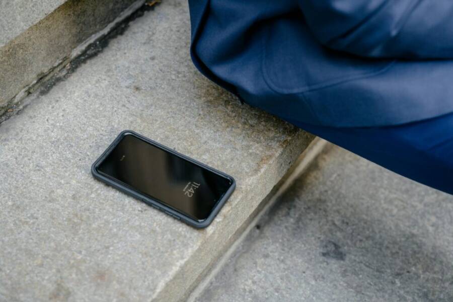 A smartphone left unattended outdoors