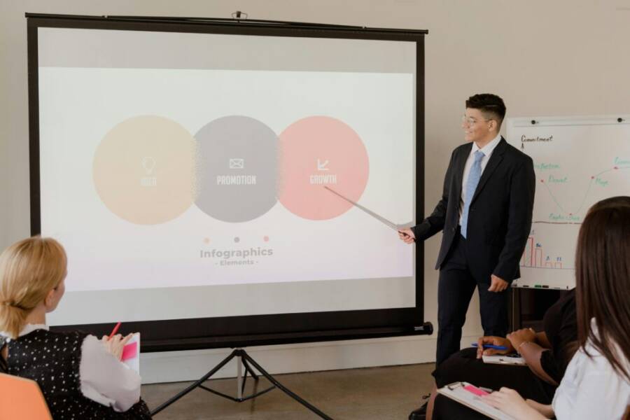 A professional presenting growth strategy with infographics during a business meeting