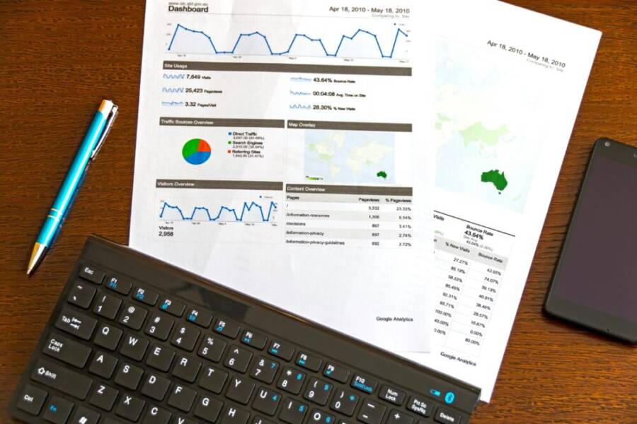 Flatlay of a business analytics report, keyboard, pen, and smartphone on a wooden desk