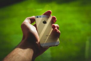 A person holding a smartphone outdoors in a park during summer with sunlight falling on the device.