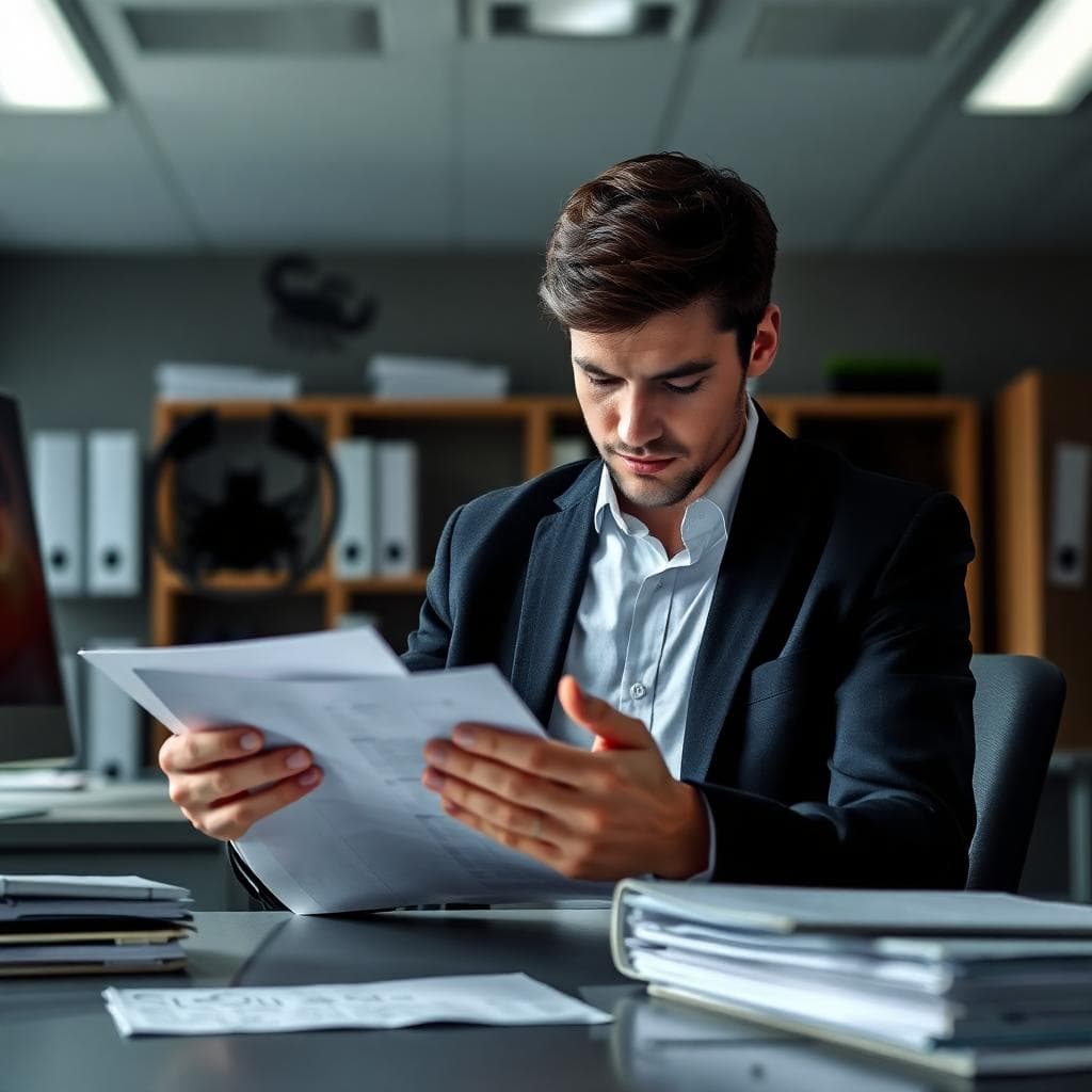 專業天蠍座在現代辦公室中的形象，強調洞察與專注，背景帶有微妙的蠍元素。