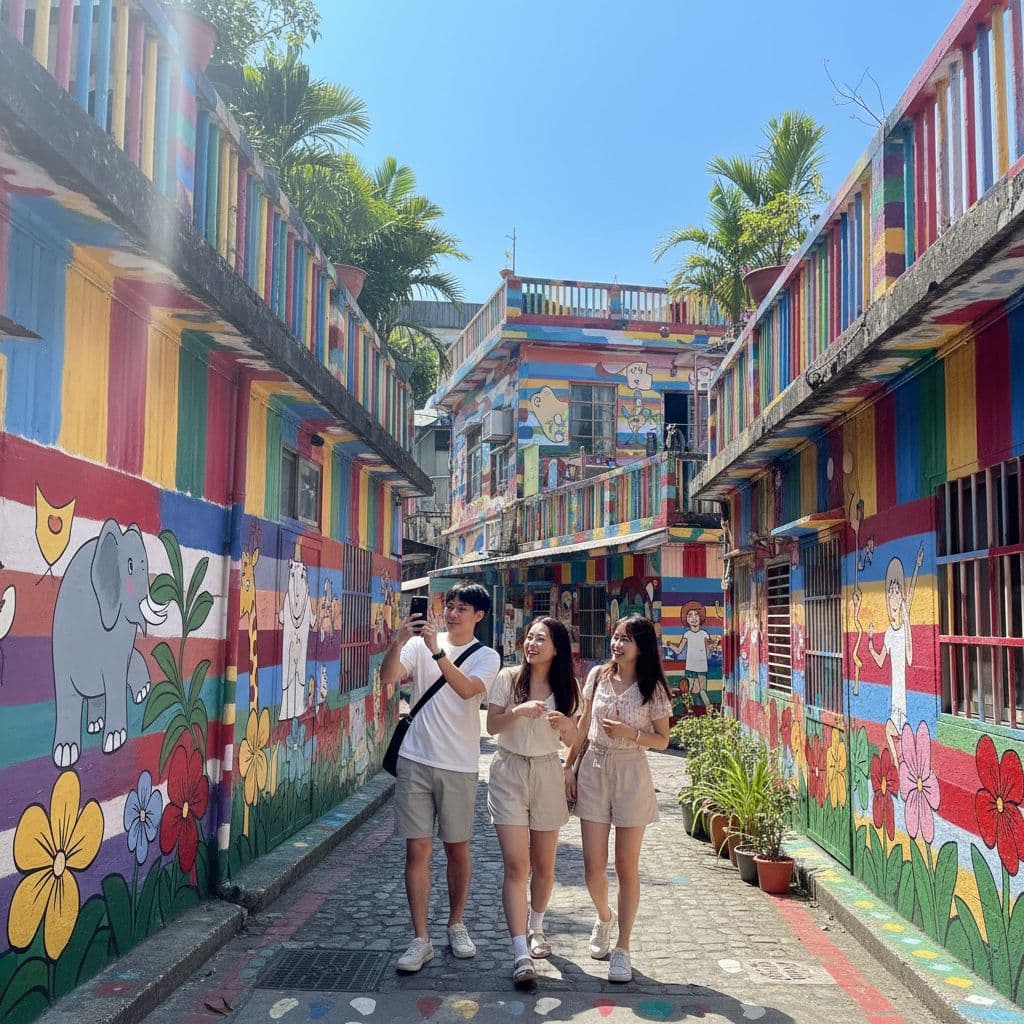 A vibrant and colorful scene of Rainbow Village in Taichung, Taiwan