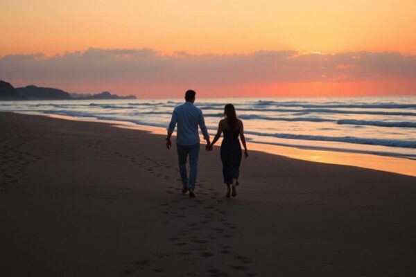 黃昏海邊浪漫散步