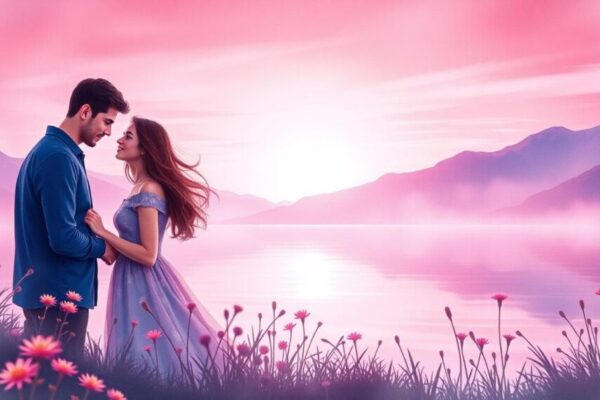 A dreamy scene of a couple on a romantic date by a serene lake at sunset, with soft pink and purple hues in the sky, the woman with gentle expression and flowing hair, holding hands intimately, wildflowers in the foreground and misty mountains in the background, in a watercolor style. Image generated by AI