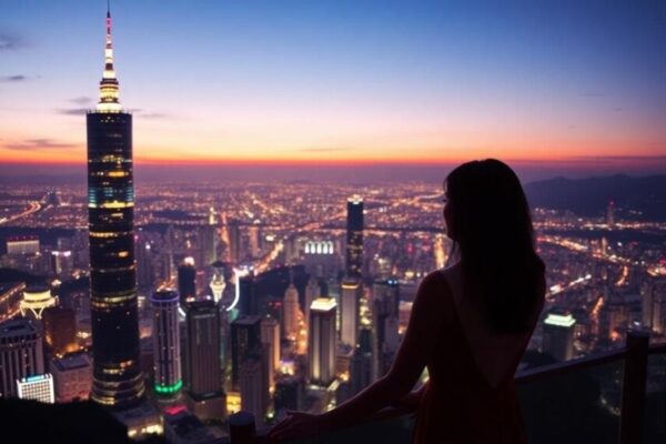 浪漫的台北101觀景台夜景，一對情侶手牽手俯瞰城市燈光