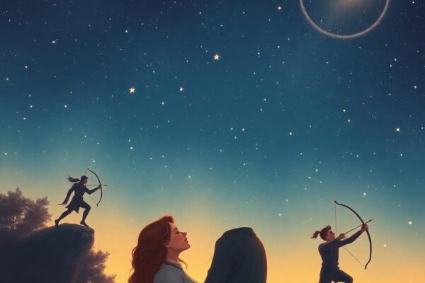 A romantic scene under a starry night sky with the Sagittarius constellation prominent