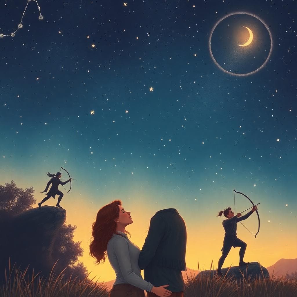 A romantic scene under a starry night sky with the Sagittarius constellation prominent