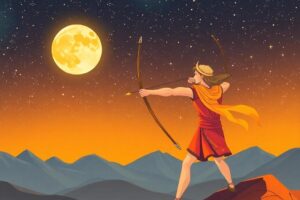 一個生動的插圖，射手座弓箭手在星空下瞄準滿月，象徵樂觀和冒險
