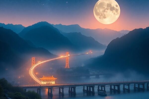 一位年輕的射手座象徵人物手持弓箭，站在星空下的廣闊草原上，面向遠方山脈，月光灑下柔和光芒，營造自由探索氛圍