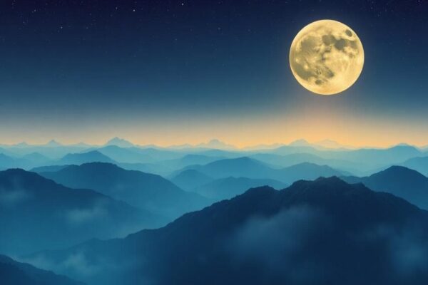 夜晚天空下，一輪明亮的滿月位於射手座星座中，射手座的弓箭手形象清晰可見，周圍散布星星，傳達出冒險與自由的氛圍。前景中，一個人站在山丘上眺望地平線，象徵獨立與探索。風格：寫實的天文插圖，溫暖色調，強調自由精神。背景包括遼闊的草原或海洋，增加開放感。