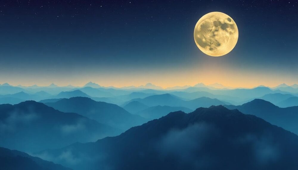 夜晚天空下，一輪明亮的滿月位於射手座星座中，射手座的弓箭手形象清晰可見，周圍散布星星，傳達出冒險與自由的氛圍。前景中，一個人站在山丘上眺望地平線，象徵獨立與探索。風格：寫實的天文插圖，溫暖色調，強調自由精神。背景包括遼闊的草原或海洋，增加開放感。