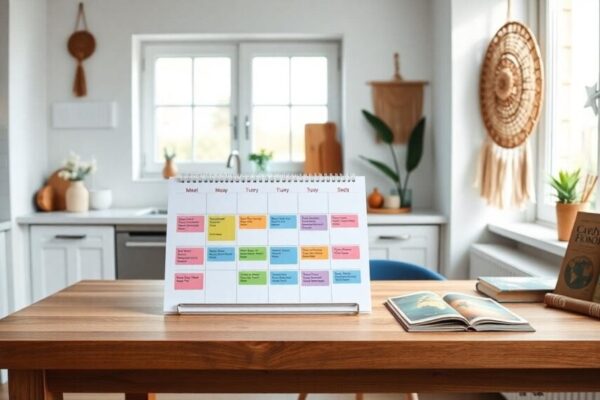 A bright and organized kitchen table with a weekly meal planner