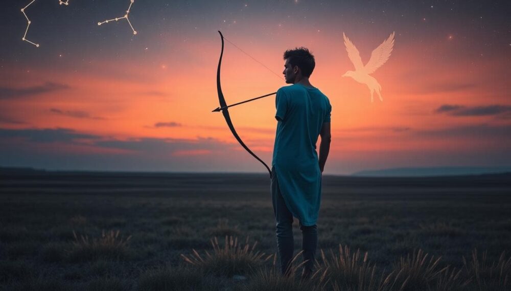 射手座人在黃昏廣闊景觀中站立，表情沉思，內心充滿分手後的空虛與混亂，周圍散落箭矢象徵迷失，背景有火紅色調的星空與射手星座，寫實風格帶情感深度。圖像由 AI 生成。