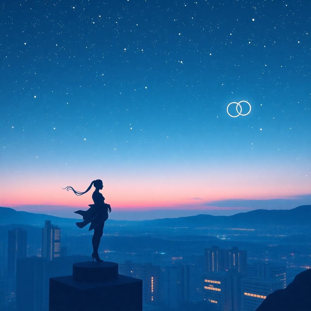 水瓶座的象徵圖像，描繪水瓶座符號在星空下獨立站立，象徵自由與情感連結