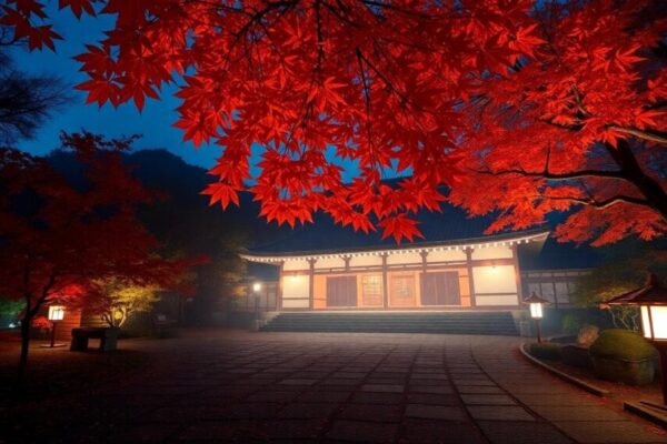 夜間楓葉燈光秀與古寺輪廓