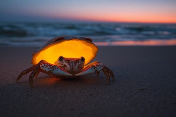 Serene crab shell retreat on a beach at dusk