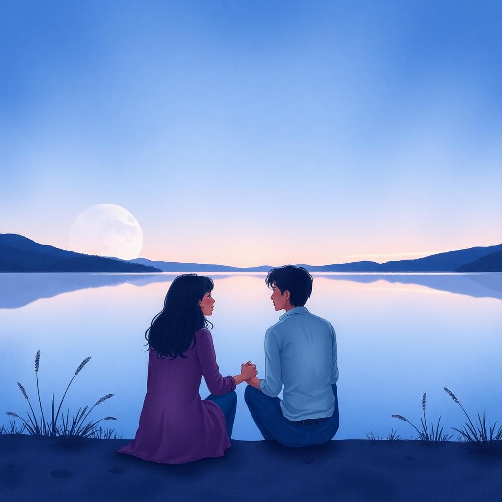 Image generated by AI: serene intimate lake conversation, two figures in soft watercolor tones, 情感溫柔且內涵豐富, AI生成圖像