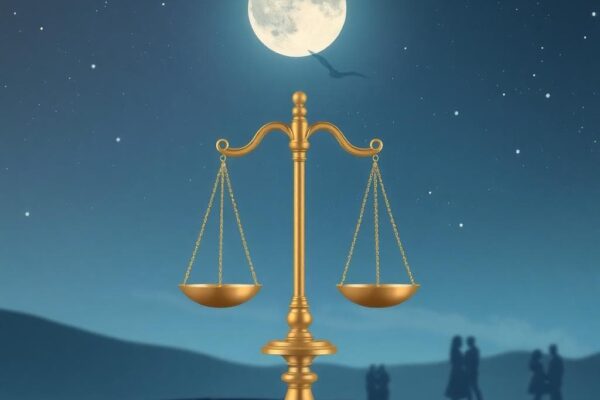 Image generated by AI: Serene night scene with Libra symbolism, soft winds, and a harmonious social gathering in the distance.