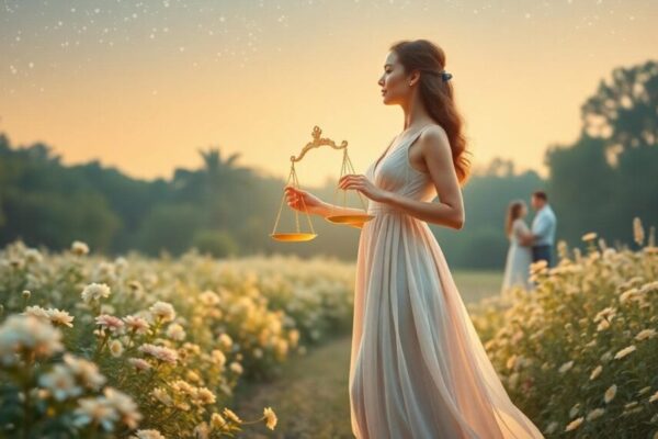 一位優雅的人站在對稱的花園中，手持柔和金色光芒的天秤，背景有情侶在星空下分享寧靜時刻，呈現水彩般的夢幻風格。Image generated by AI