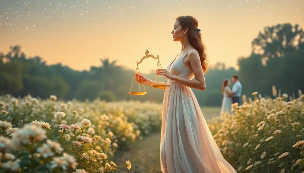 一位優雅的人站在對稱的花園中,手持柔和金色光芒的天秤,背景有情侶在星空下分享寧靜時刻,呈現水彩般的夢幻風格。Image generated by AI