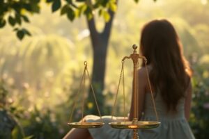 A serene scene of a person sitting in a peaceful garden, holding a golden scale symbolizing Libra zodiac, reflecting on emotions after a breakup. The person looks thoughtful yet balanced, with soft sunlight filtering through leaves in the background. Foreground shows the scale tipping gently towards equilibrium. Style is realistic digital art with warm, calming colors like pastels and golds. Mood is introspective and hopeful. No text or watermarks.