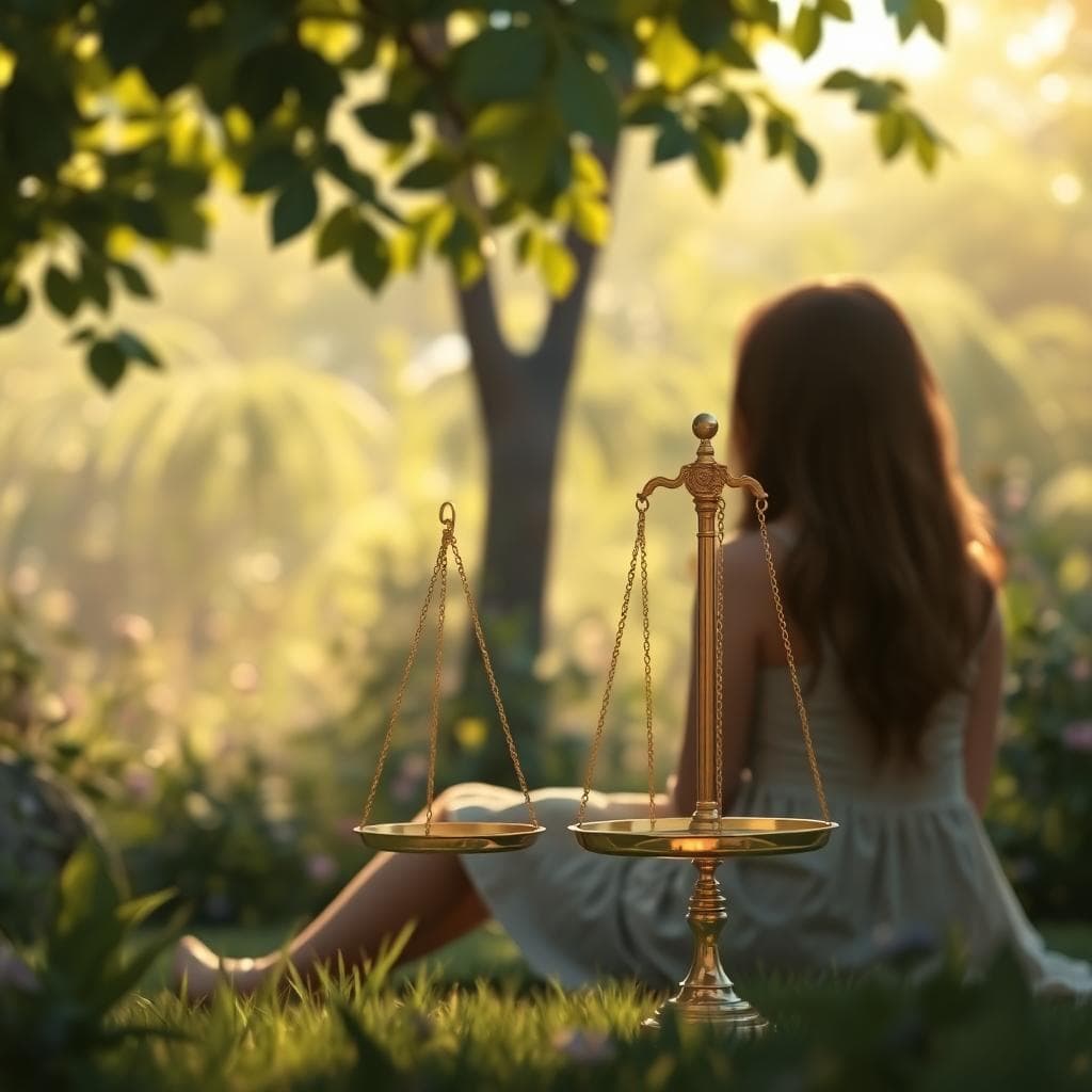 A serene scene of a person sitting in a peaceful garden, holding a golden scale symbolizing Libra zodiac, reflecting on emotions after a breakup. The person looks thoughtful yet balanced, with soft sunlight filtering through leaves in the background. Foreground shows the scale tipping gently towards equilibrium. Style is realistic digital art with warm, calming colors like pastels and golds. Mood is introspective and hopeful. No text or watermarks.