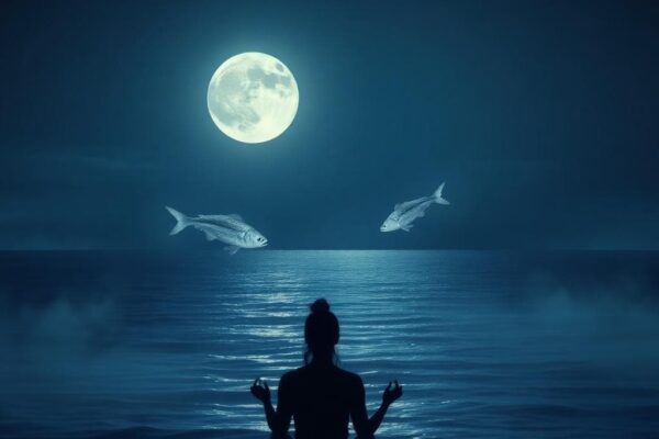 serene moonlit ocean with ethereal fish, AI generated