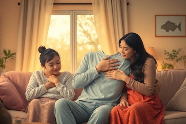 Image description: A warm and serene family scene with a Pisces-like caregiver offering attentive listening and comforting presence. Image generated by AI.