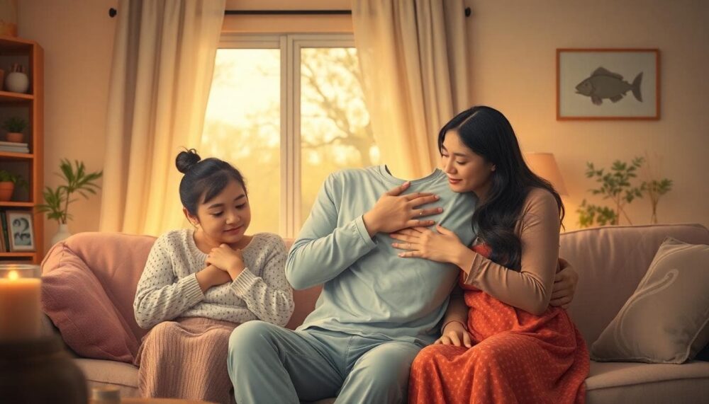 Image description: A warm and serene family scene with a Pisces-like caregiver offering attentive listening and comforting presence. Image generated by AI.