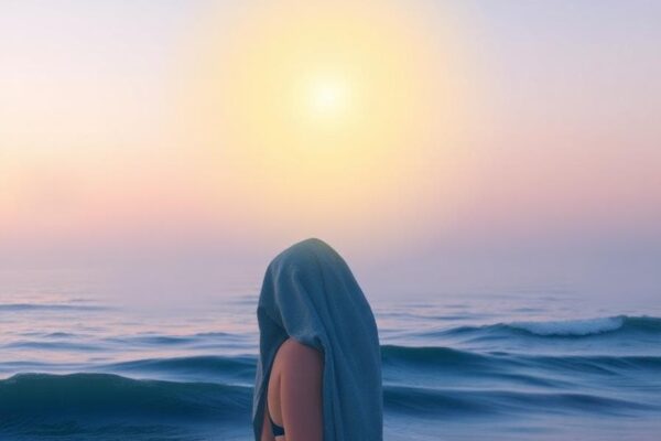 A serene scene of a person standing by a calm ocean at dusk, with soft waves and a glowing intuition light in their mind, evoking emotional depth and intuition for Pisces zodiac. In a dreamy, watercolor style, foreground shows the person with empathetic expression, background misty horizon.