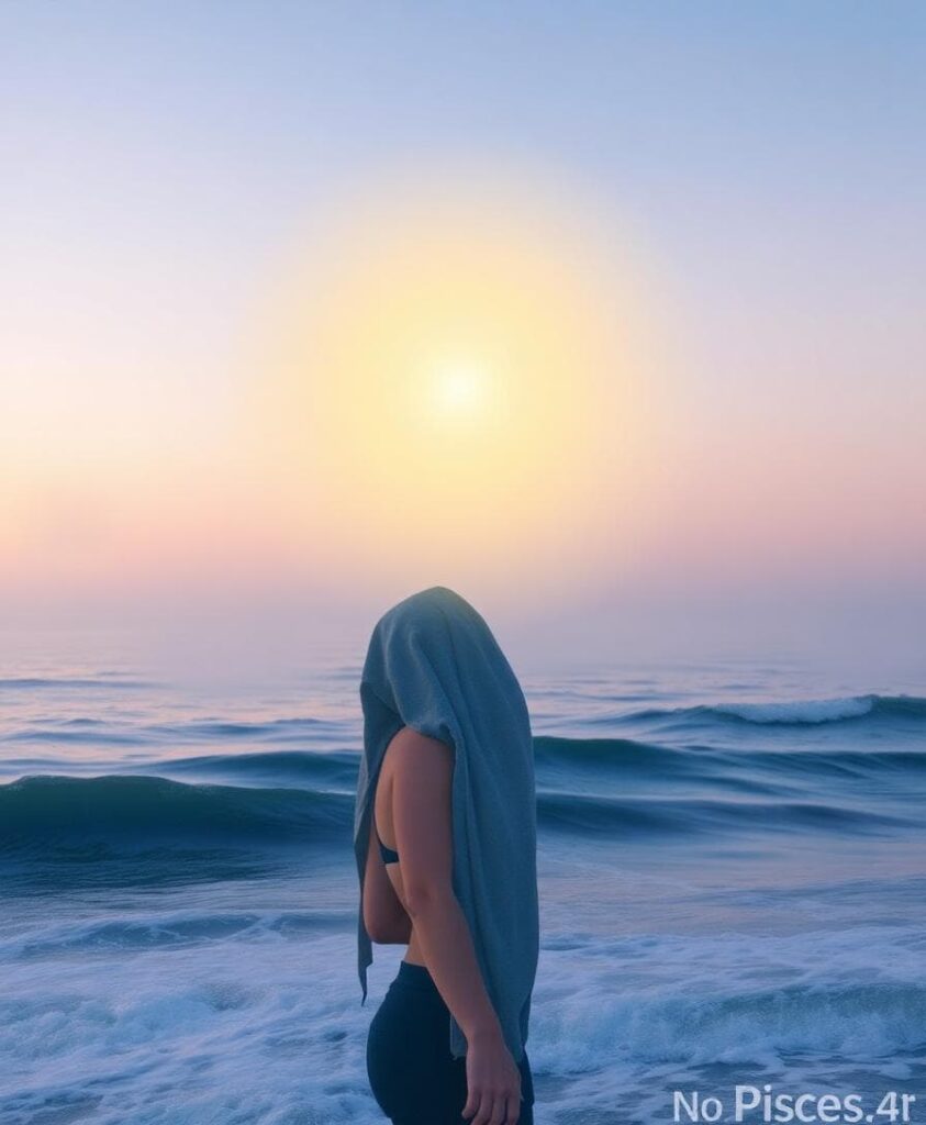 A serene scene of a person standing by a calm ocean at dusk, with soft waves and a glowing intuition light in their mind, evoking emotional depth and intuition for Pisces zodiac. In a dreamy, watercolor style, foreground shows the person with empathetic expression, background misty horizon.