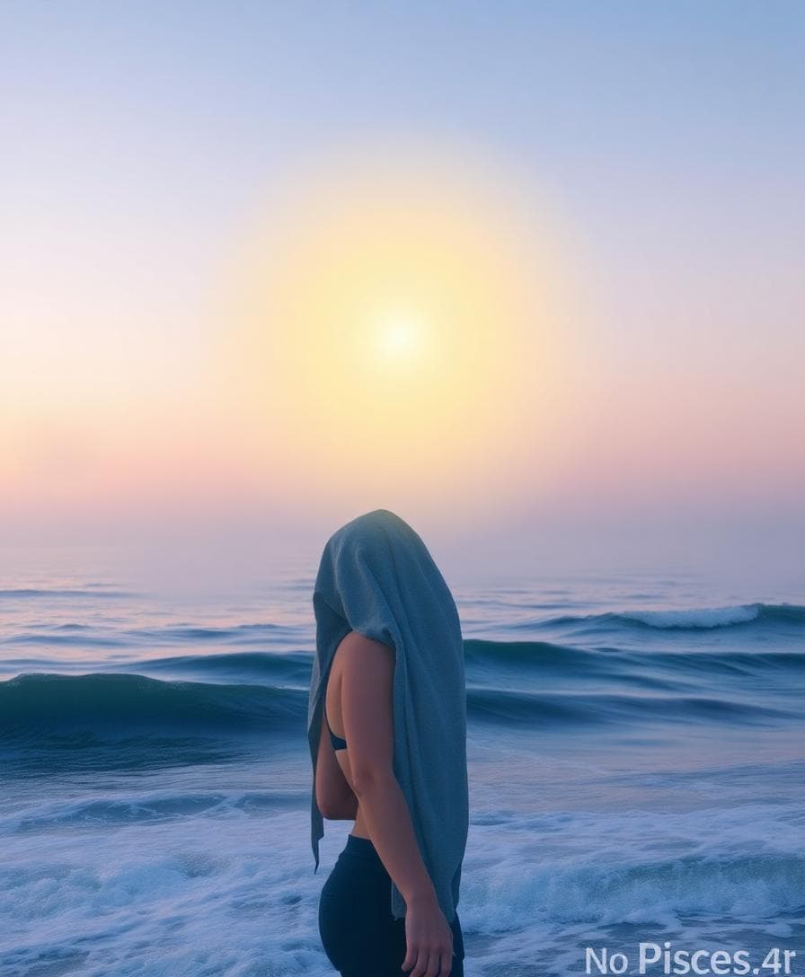 A serene scene of a person standing by a calm ocean at dusk, with soft waves and a glowing intuition light in their mind, evoking emotional depth and intuition for Pisces zodiac. In a dreamy, watercolor style, foreground shows the person with empathetic expression, background misty horizon.