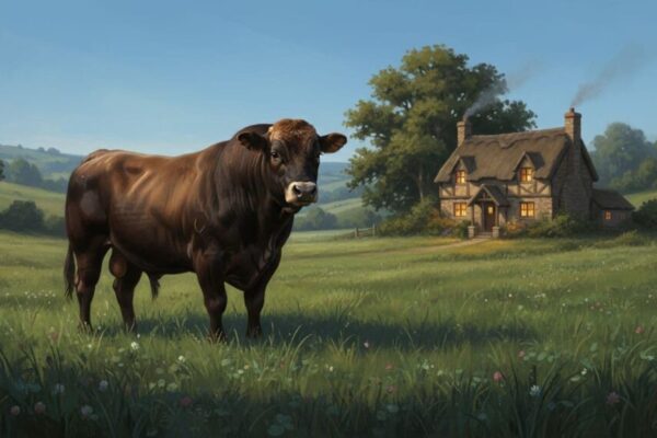A serene landscape featuring a sturdy bull standing firmly in a lush green field under a clear blue sky, symbolizing stability and patience. In the background, a cozy home with warm lights glowing, representing material security and reliable support in relationships.