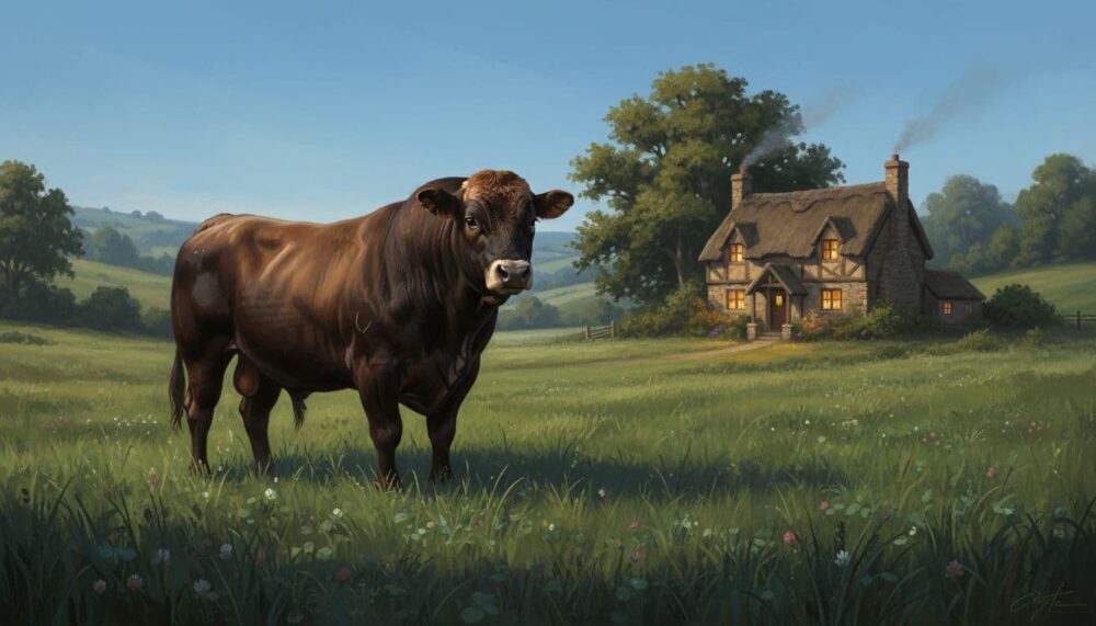 A serene landscape featuring a sturdy bull standing firmly in a lush green field under a clear blue sky, symbolizing stability and patience. In the background, a cozy home with warm lights glowing, representing material security and reliable support in relationships.