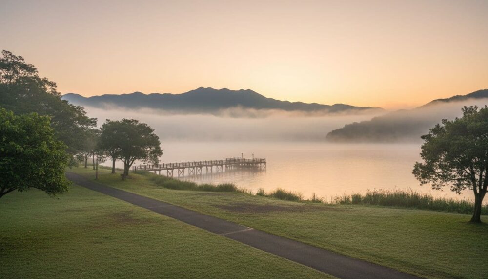 Serene sunrise over Sun Moon Lake