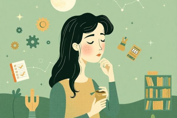 AI 生成圖像：月亮與處女座元素的和諧風格，柔和冷色調，象徵內在平衡與自我調整的過程