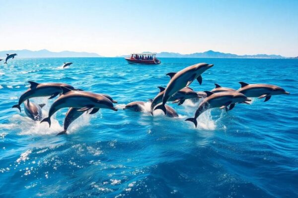 Spinner dolphins leaping near the eastern coast of Taiwan during summer, with a whale watching boat in the foreground