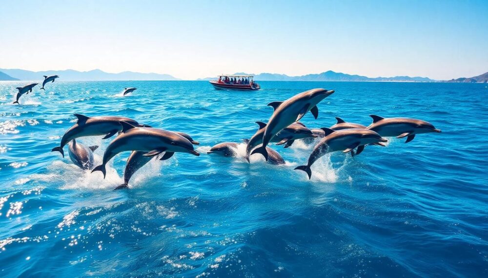 Spinner dolphins leaping near the eastern coast of Taiwan during summer, with a whale watching boat in the foreground