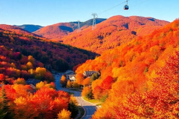 Stowe autumn landscape with red orange yellow leaves and cable car in distance