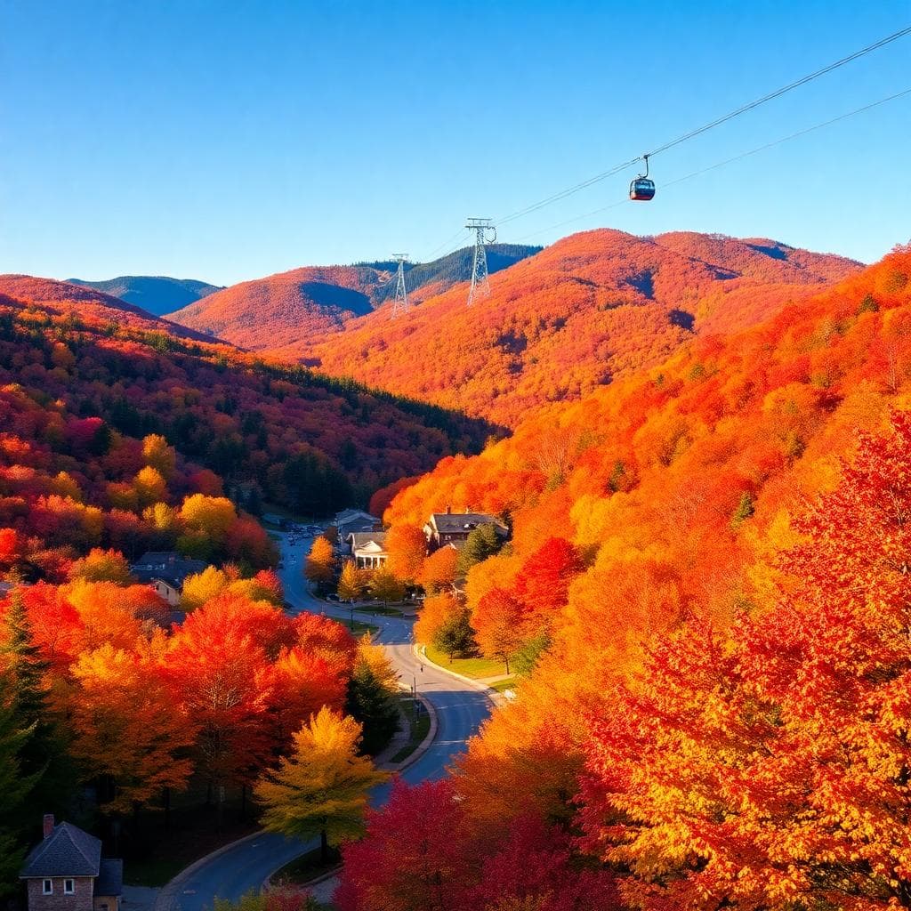 Stowe autumn landscape with red orange yellow leaves and cable car in distance