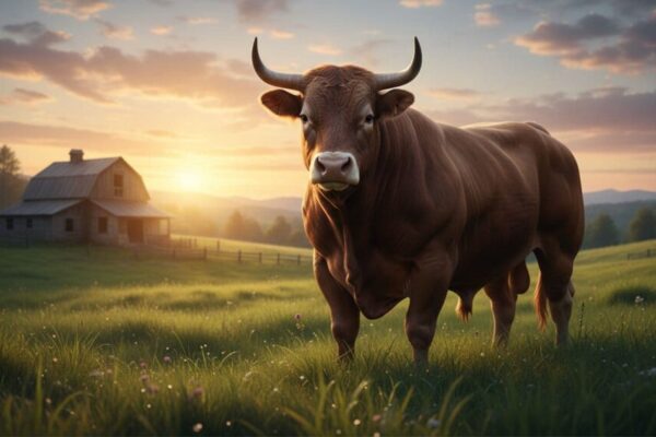 一頭強壯的公牛站在綠油油的田野中，背景是寧靜的農舍和夕陽，象徵金牛座的可靠與堅持。圖像由AI生成。