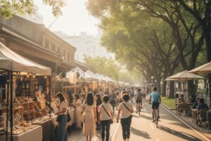 台中審計新村早上市集與草悟道公園的活力景象