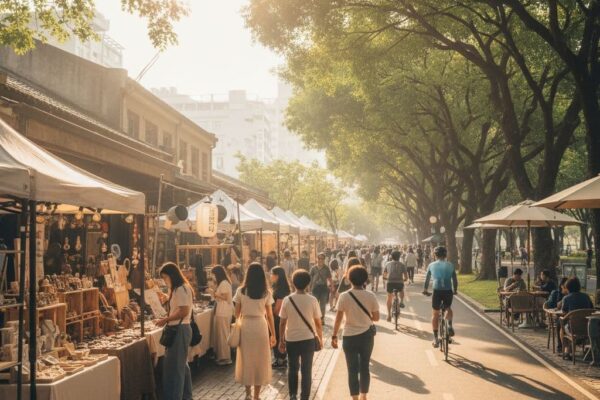 台中審計新村早上市集與草悟道公園的活力景象