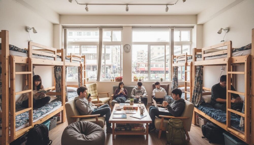 A cozy and budget-friendly backpacker hostel in Taichung near the train station, showing shared dorm rooms with bunk beds separated by gender, common lounge area with comfortable seating, natural light from windows, travelers relaxing and chatting, warm wooden tones, urban view outside, in a realistic style with soft lighting and inviting atmosphere.