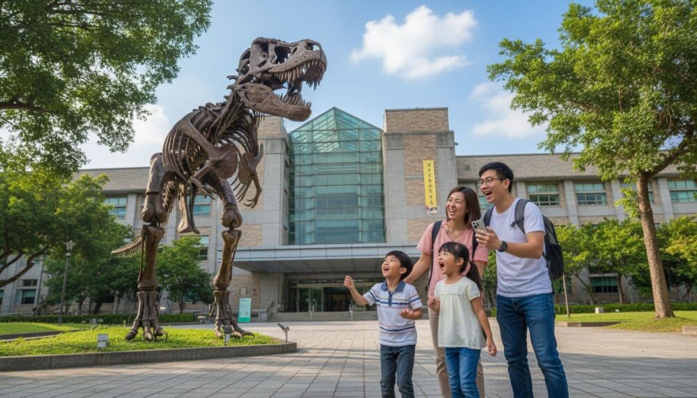一家親子家庭在台中國家自然科學博物館前開心遊玩，孩子們興奮地看著恐龍模型，父母微笑拍照