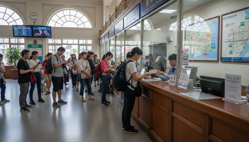 A realistic scene inside Taichung Train Station ticket counter in Taiwan, showing a person buying a bus day pass from a clerk