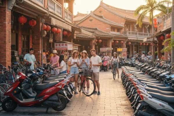 台南遊客在安平老街附近租借機車和自行車的陽光日子，背景有傳統建築，人們查看手機地圖，街頭充滿活力。