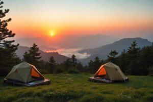A peaceful campsite nestled in the lush mountains of Taiwan during sunrise. Tents are set up on a gentle slope with wooden platforms, surrounded by pine trees and wildflowers. In the background, layered mountain ridges emerge from morning mist as the sun rises, casting warm orange and pink light across the sky. The scene captures a sense of tranquility and adventure, in a realistic photographic style with high detail on natural elements like dew on grass and soft shadows. No people, no text, focus on landscape and atmosphere.