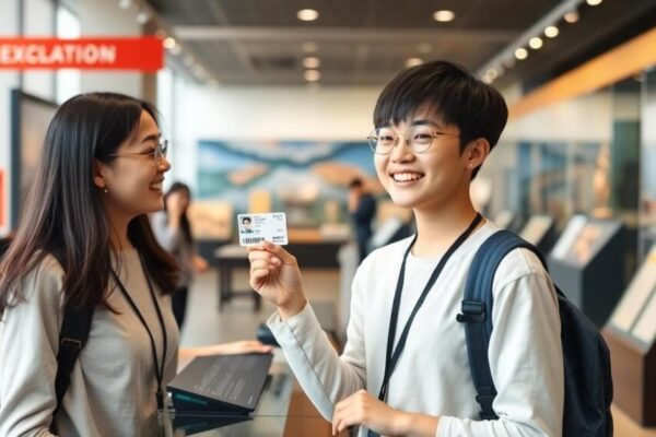 AI 生成圖片：學生證在博物館櫃檯享受折扣的情景