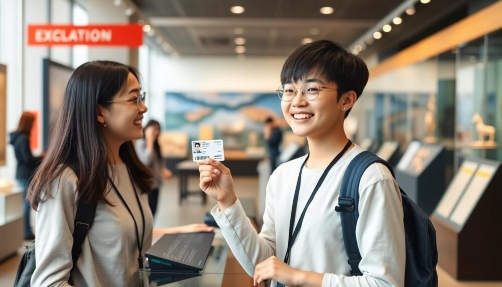 AI 生成圖片:學生證在博物館櫃檯享受折扣的情景